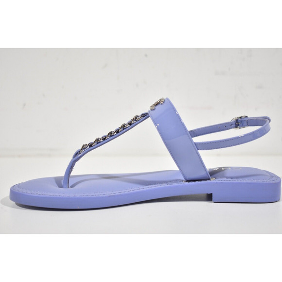 Chanel 22C Purple Patent Silver Chain CC Logo Mule Slide Flat Thong Sandal 37 - Picture 9 of 12